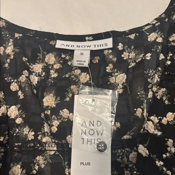And Now This Black Floral chiffon v neck top SZ 1X plus size puffy sleeve NWT - Picture 3 of 14